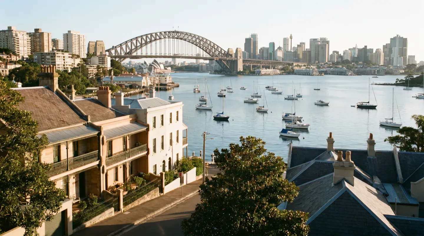 Lavender Bay at morning: heritage rooftops stepping down to moored boats, the Harbour Bridge and the city across still water