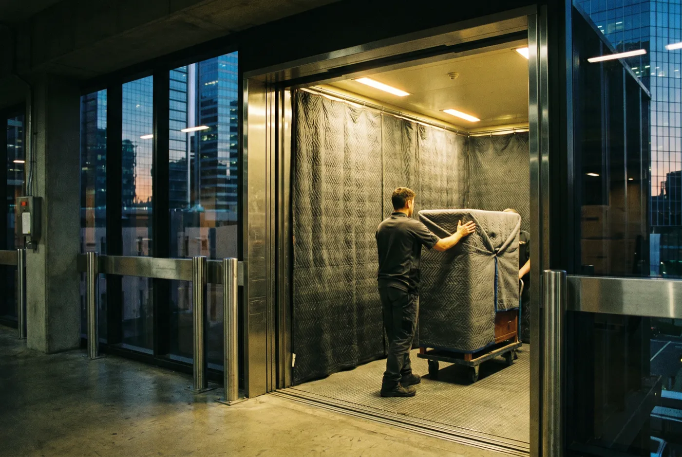 A goods lift hung with padded curtains, a mover steadying wrapped furniture inside