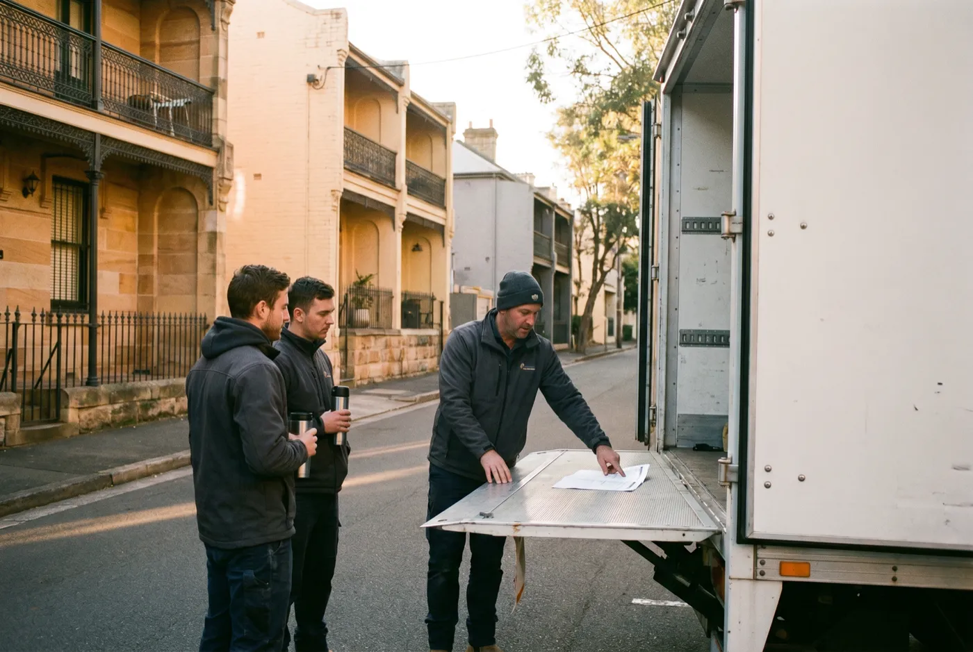 A crew leader briefing two movers off a printed run sheet at the open tailgate of a truck at first light